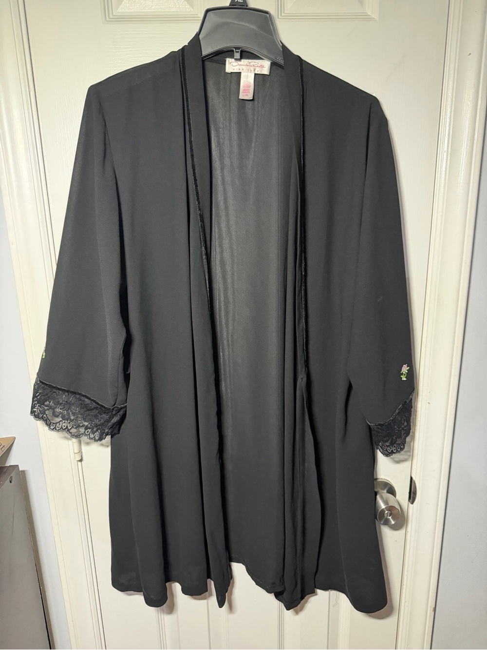 Oscar de la Renta Pink Label Black Floral Embroidered Kimono Robe L/XL